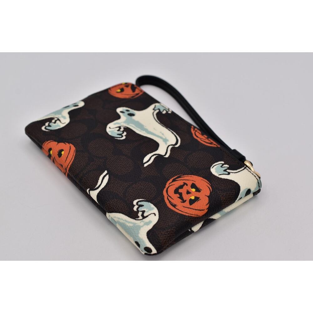 Coach Corner Zip Wristlet In Signature Canvas With Halloween Print Walnut Ghost - Picture 12 of 16